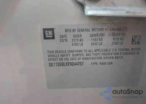 2015 Chevrolet Impala 1Lz z USA, uszkodzony, nr VIN 2G1155SLXF9244787